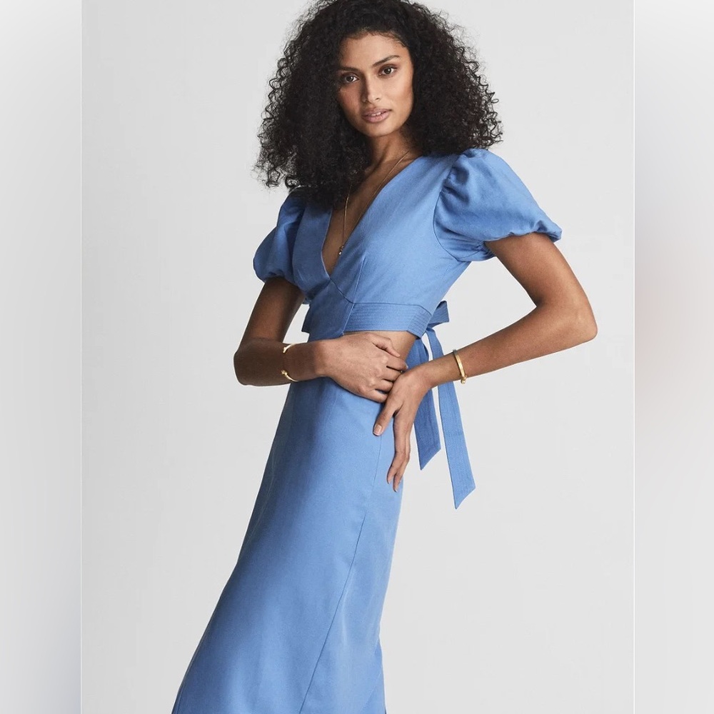 COPY - REISS Jennah Puff Sleeve Cut Out Back Midi Dress - Periwinkle Blue